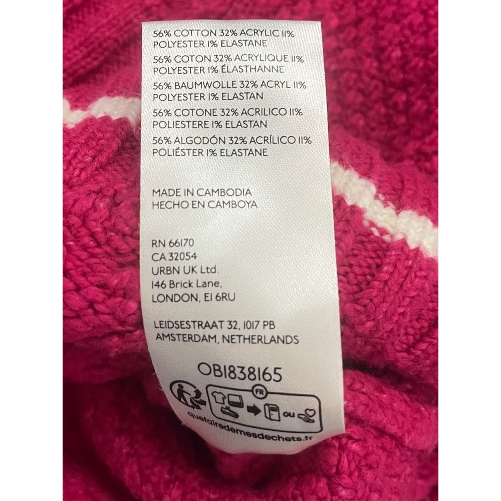 Maeve Anthropologie Hot Pink Cable Knit V-Neck Tipped Varsity Sweater Medium - Picture 9 of 10